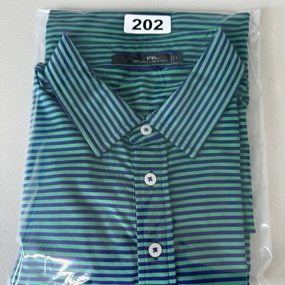 RLX Ralph Lauren Polo Shirt Size L Striped Performance Golf Stretch Green Blue - Picture 11 of 11